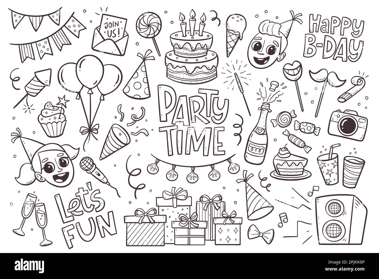 Kids party doodle elements for invitations, greeting cards, backgrounds... Happy birthday hand drawn set. Vector illustration isolated on white. Stock Vector
