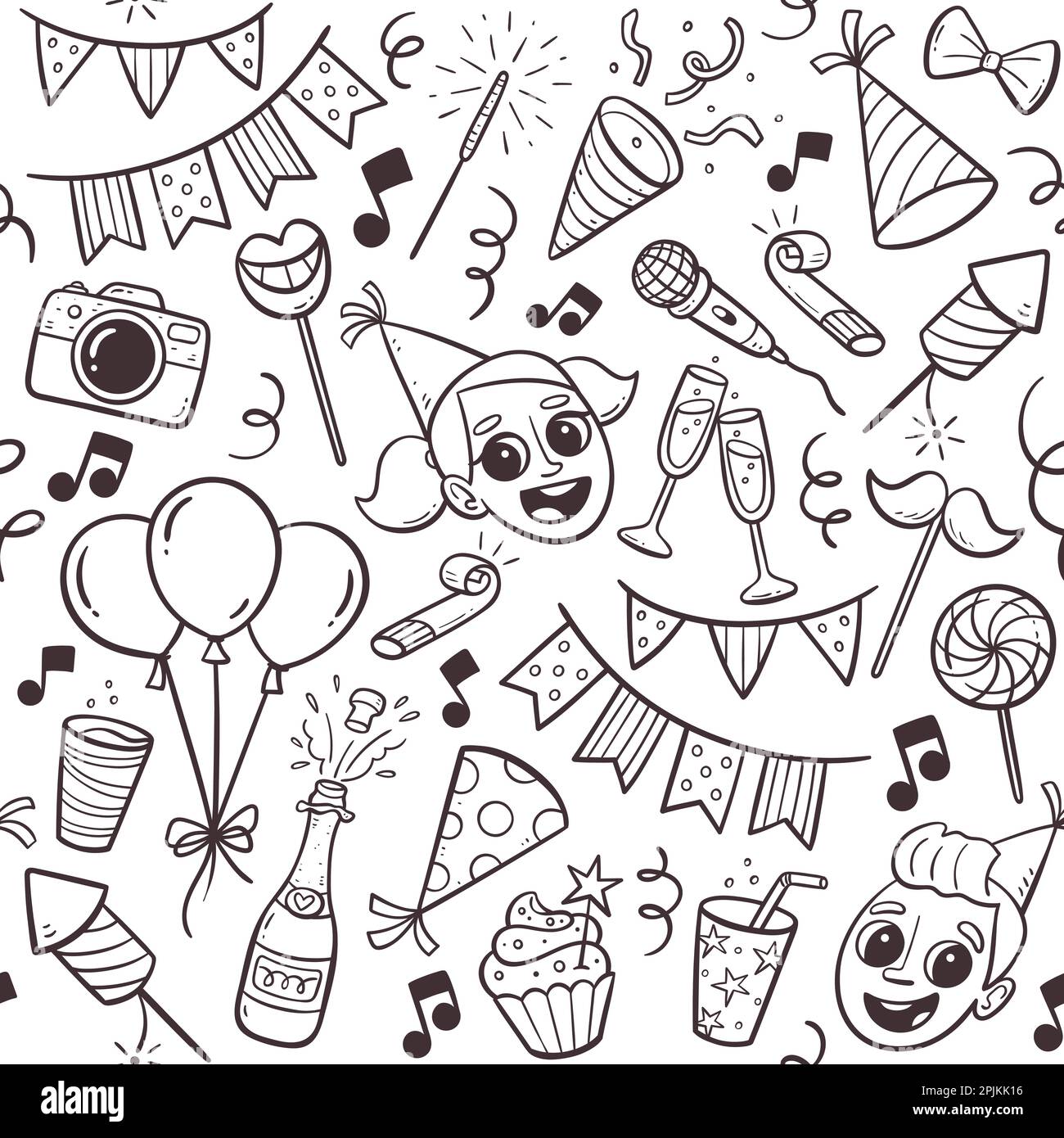 Kids party seamless pattern. Cute isolated doodle elements like