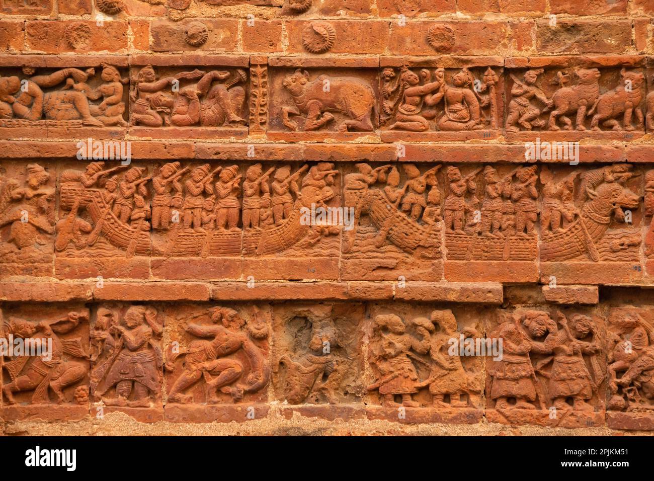 Carvings of boat and warriors on the Jor Bangla Temple, Bishnupur, West Bengal, India. Stock Photo