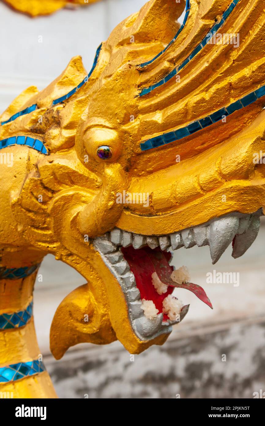 Laos, Luang Prabang. Multi-headed Naga (serpent) statue at Haw Pha Bang. Stock Photo