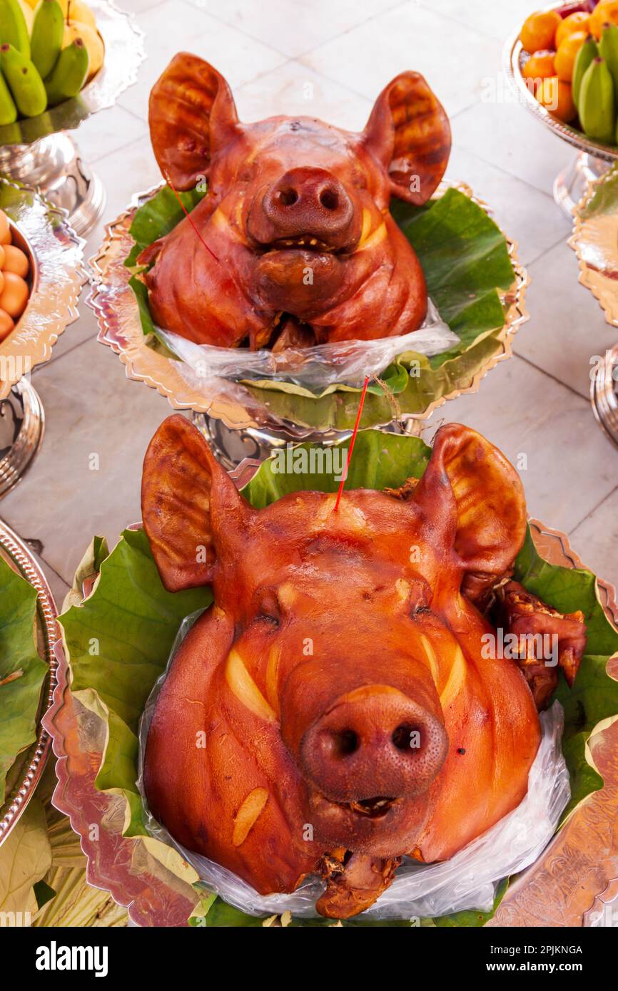 Thailand Bangkok Cooked Pigs Heads Offerings At Wat Phra Kaew