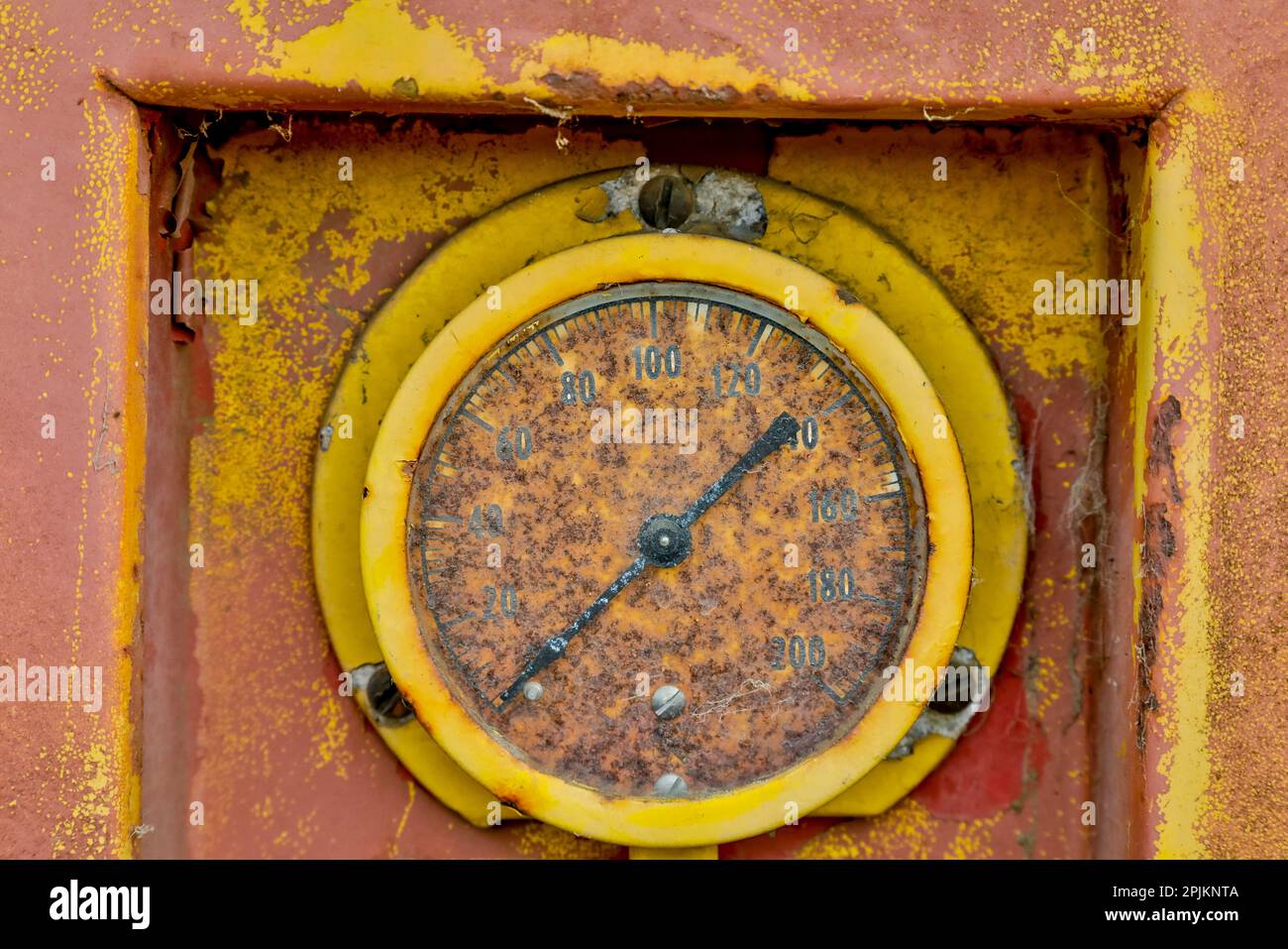 USA, Oregon, Tillamook. Old fire truck with gauges and valves with colorful pealing paint Stock Photo