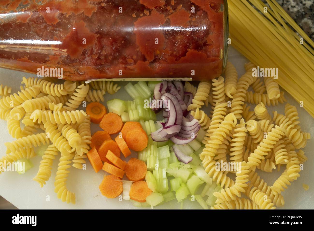 ingredients for pasta with chopped vegetables and tomato sauce Stock Photo Alamy