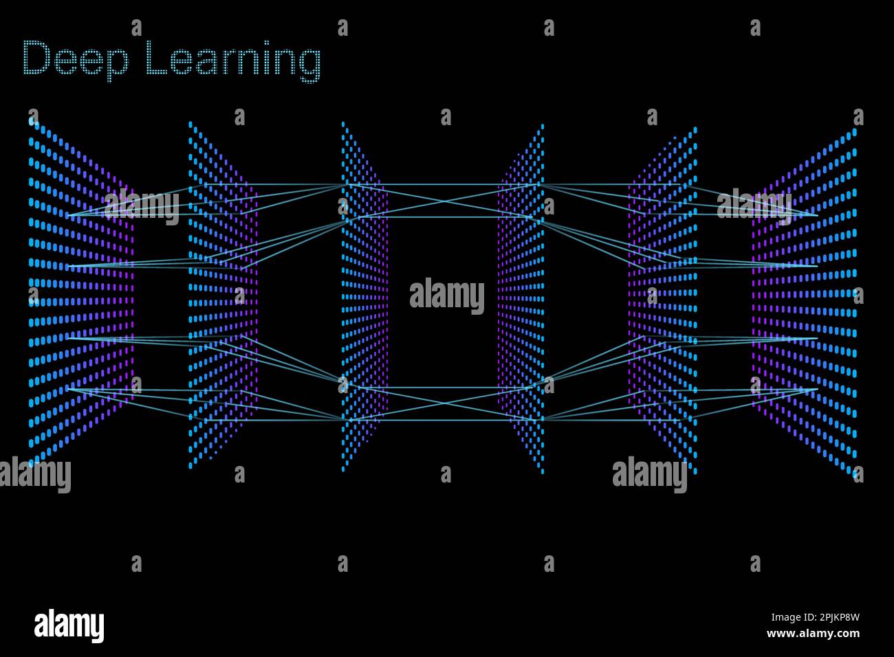 The model of deep learning neural network. Six layers model. Neon dots ...