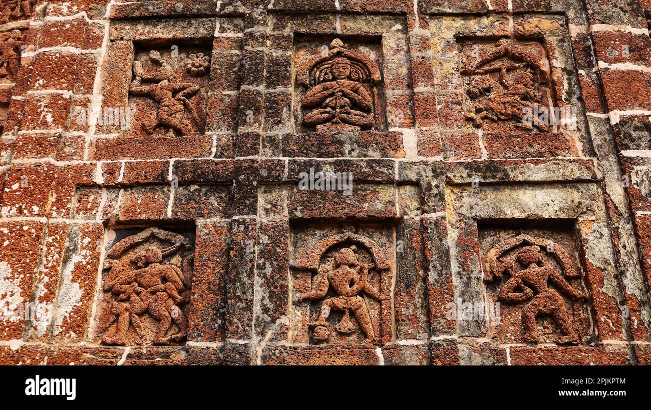 Carvings of Hindu God and Goddess on the Gokulchand Temple, Gokulnagar, West Bengal, India. Stock Photo