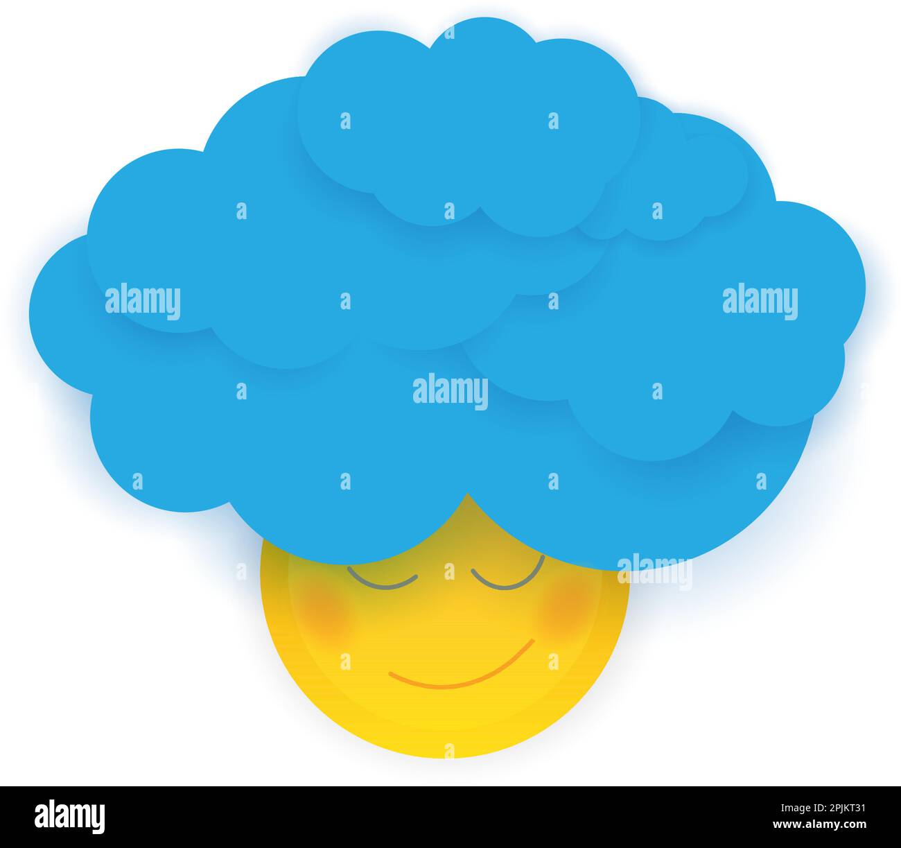 Smiling sun character with curly hair made of blue clouds. Illustration that demonstrate positive emotions and energy. Paper cut style vector illustra Stock Vector