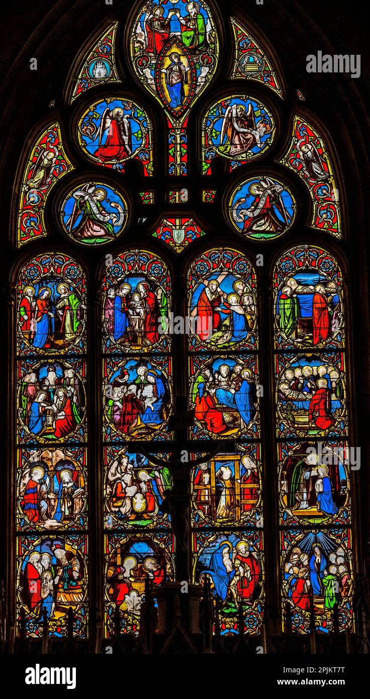 Jesus stained glass, Notre-Dame of the Assumption, Sainte-Marie-du-Mont, Normandy, France. Church created 11th to 13th Century. Stock Photo
