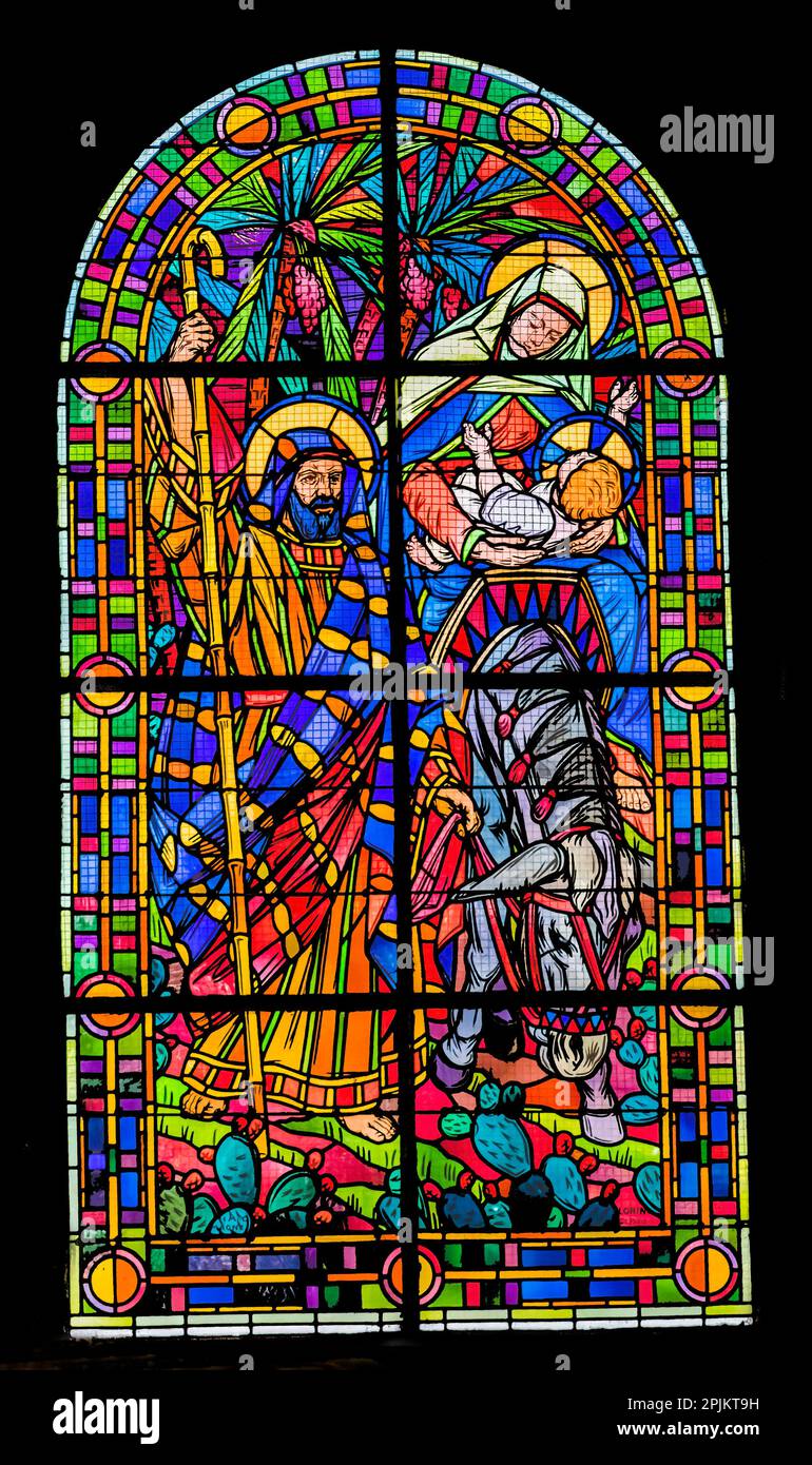 Stained glass, SainteMereEglise, Normandy, France. Church created