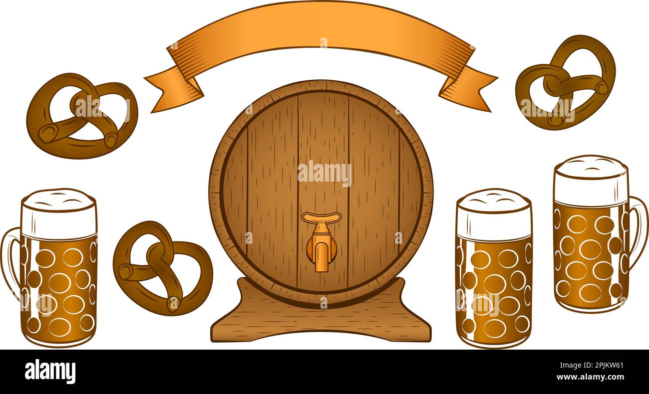 Set of beer theme objects beer, pretzel, banner, barrel in vintage