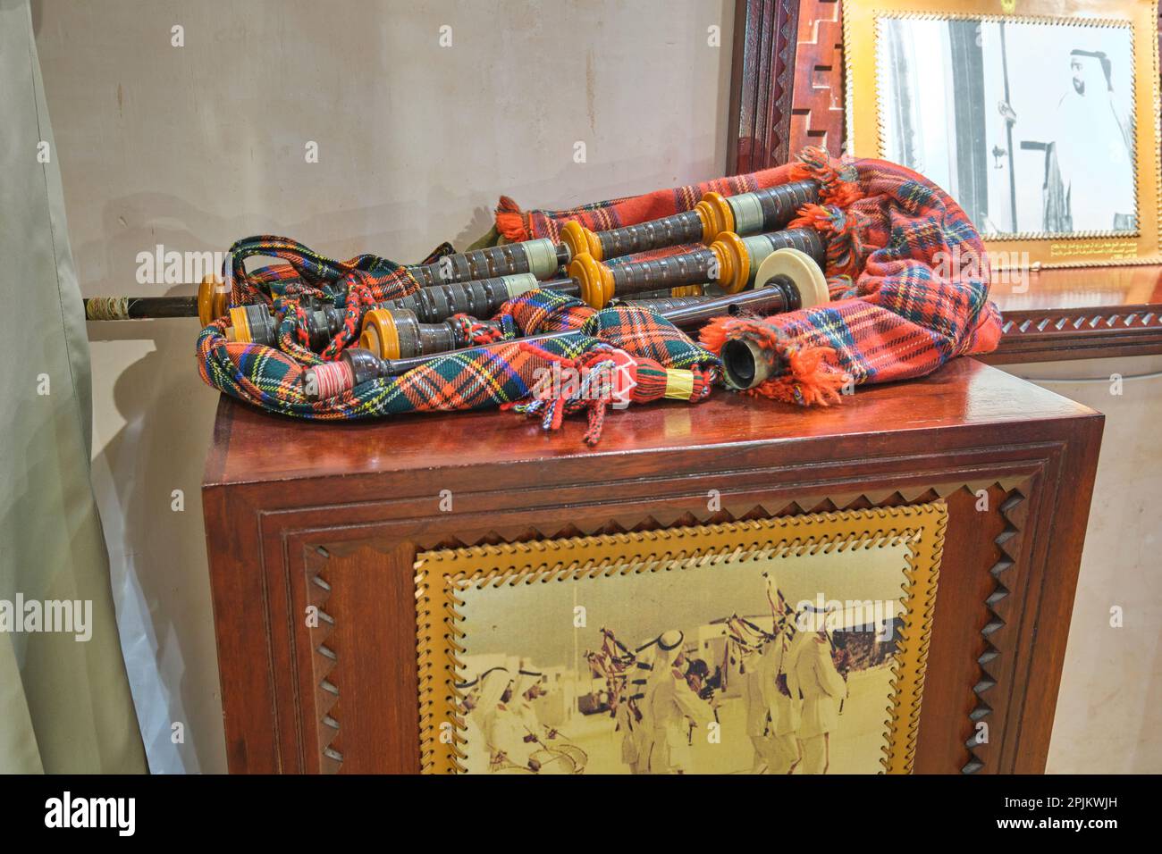 A set of British, Scottish bagpipes, used by the military during parades. At the Sheikh Zayed bin Sultan Al Nahyan Heritage Center Museum in Abu Dhabi Stock Photo
