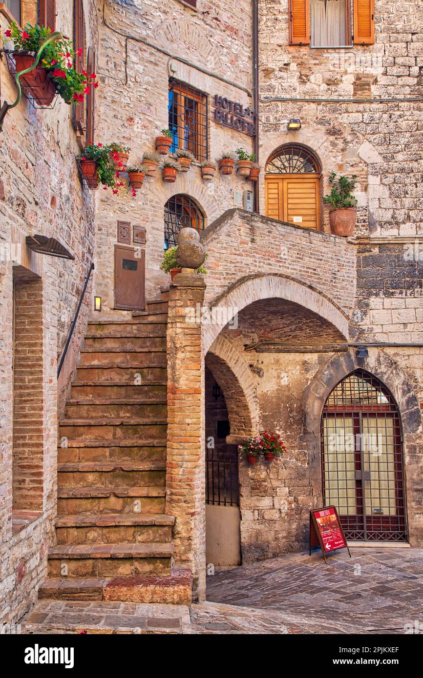 Italy, Umbria, Assisi. Stairs leading to the entrance of a hotel Stock