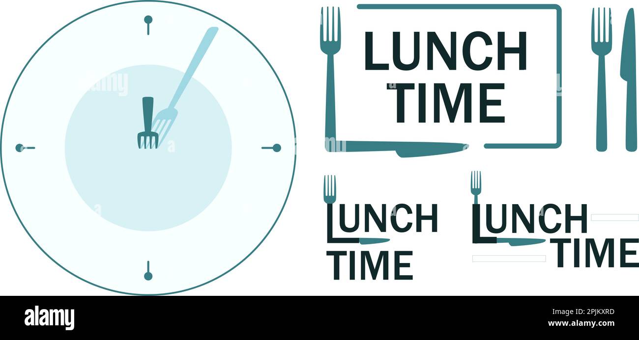 Set of signboards with lunch time text. Clock with fork as clock hand