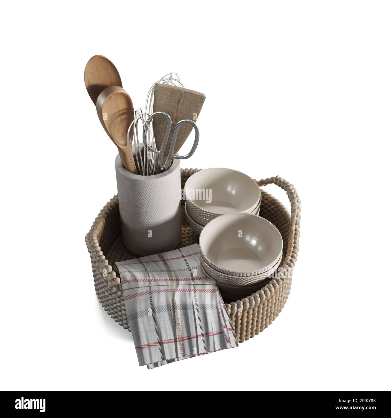 A 3d rendering of a wicker basket filled with various kitchen utensils