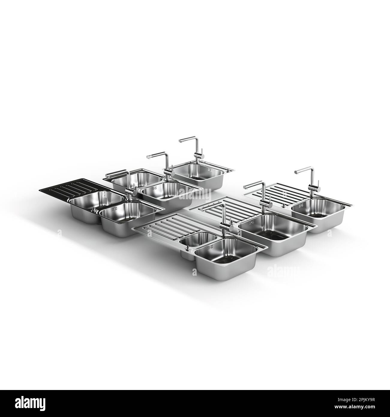 https://c8.alamy.com/comp/2PJKY9R/a-3d-rendering-of-a-stainless-steel-kitchen-sinks-with-modern-faucets-arranged-on-a-white-surface-2PJKY9R.jpg