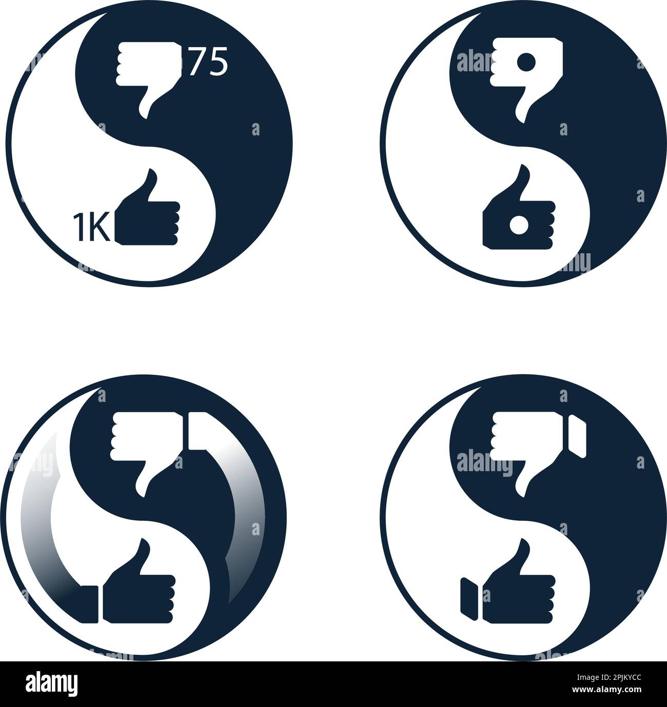 Set of social media or social network like icons. Like and dislike inside yin yang symbol. Illustration of social vote and opinions about post, video Stock Vector