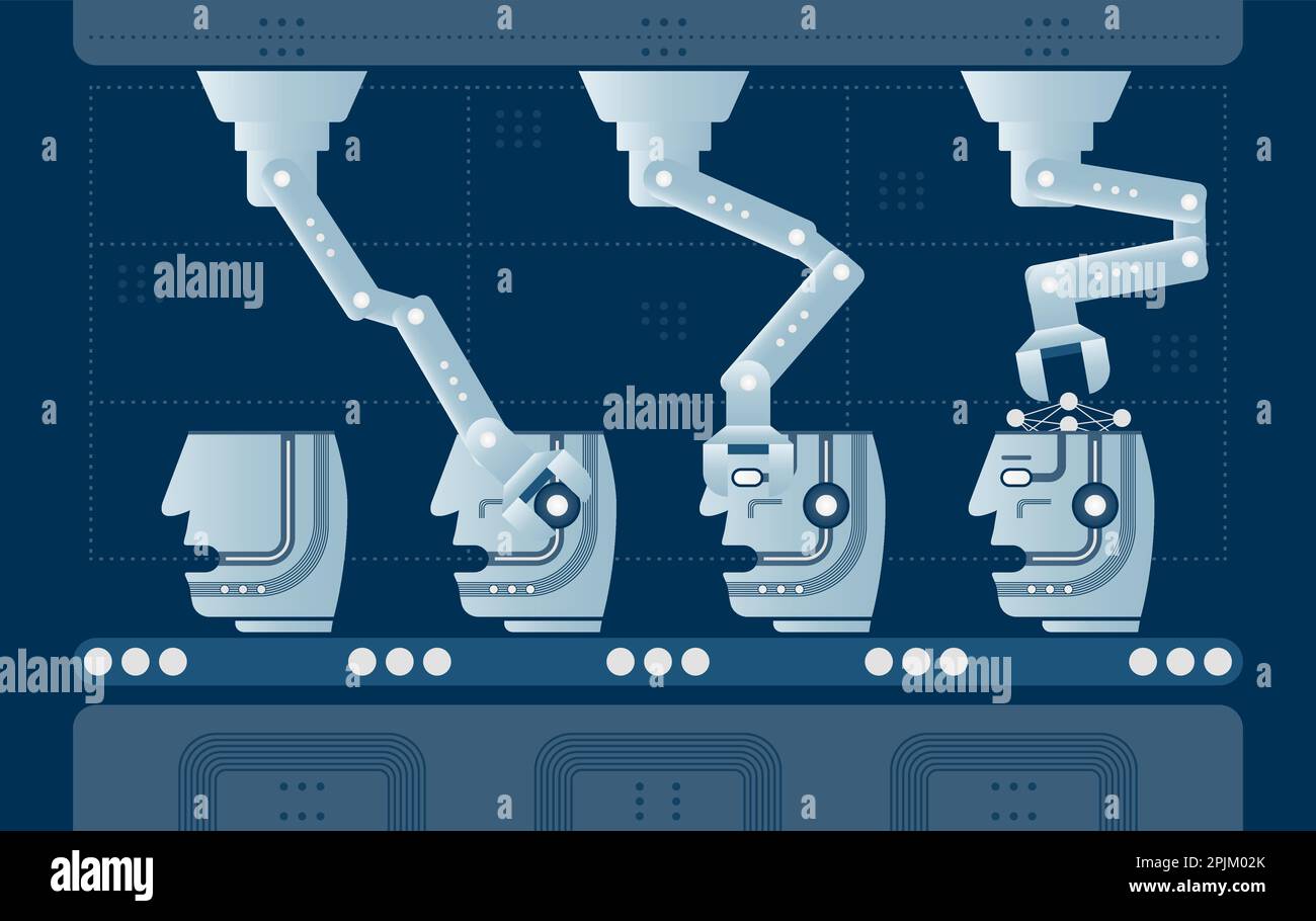 Bot production automated process. Conveyor with robotic arms assembling ...