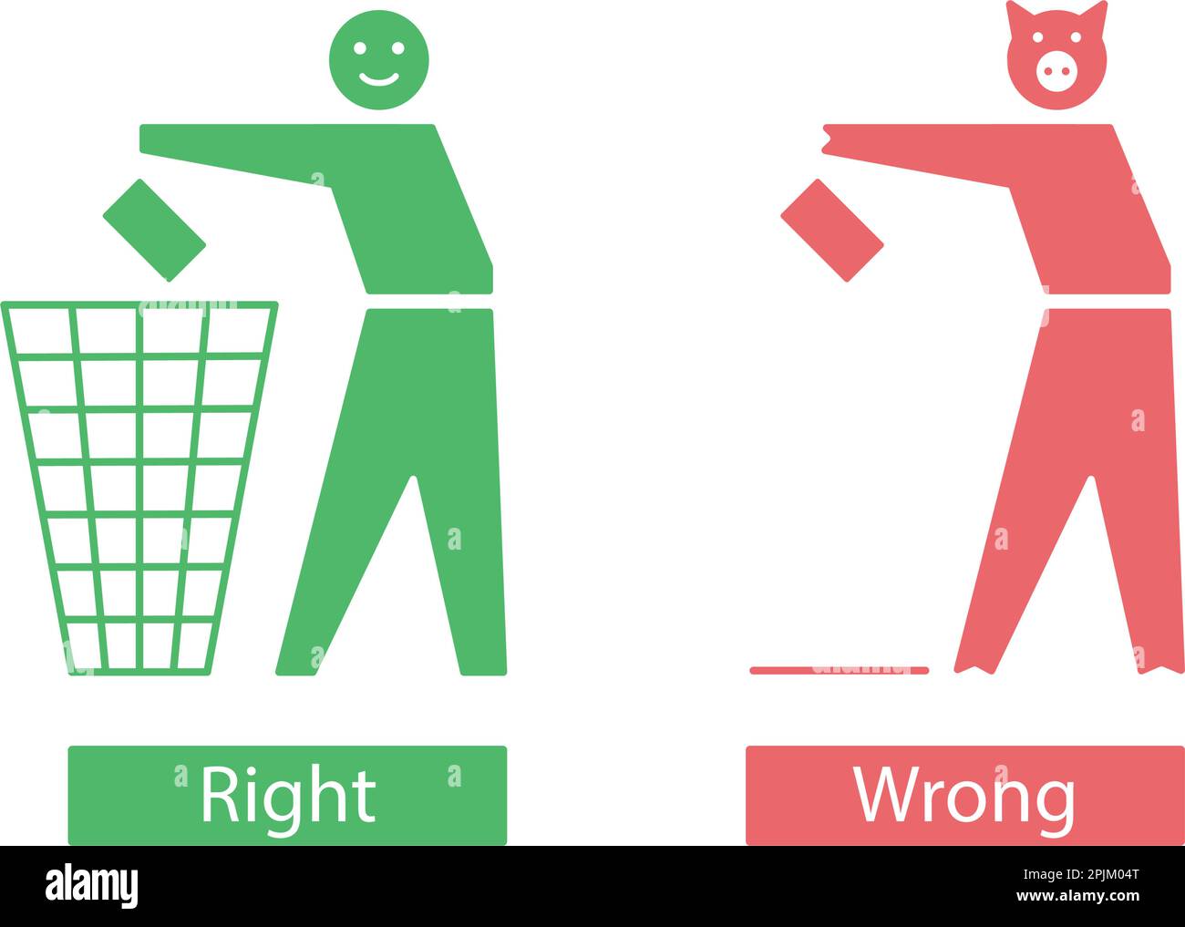 Icons with tidy man that throw away waste to the bin and pig that drop