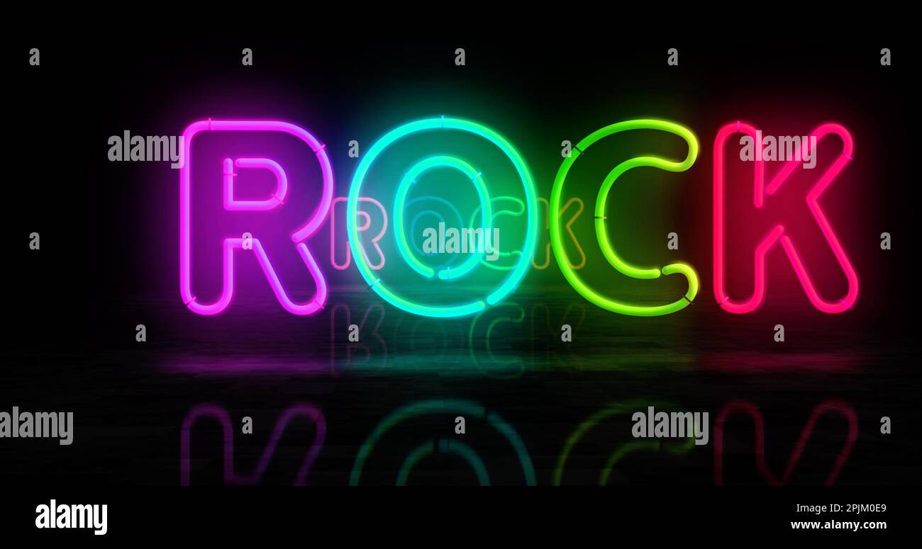 Rock neon symbol. Entertainment music event light color bulbs. Abstract ...