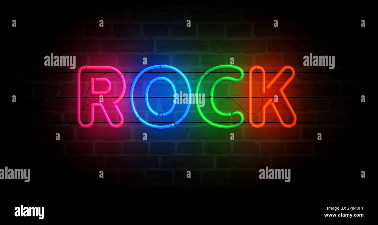Rock neon symbol. Entertainment music event light color bulbs. Abstract ...