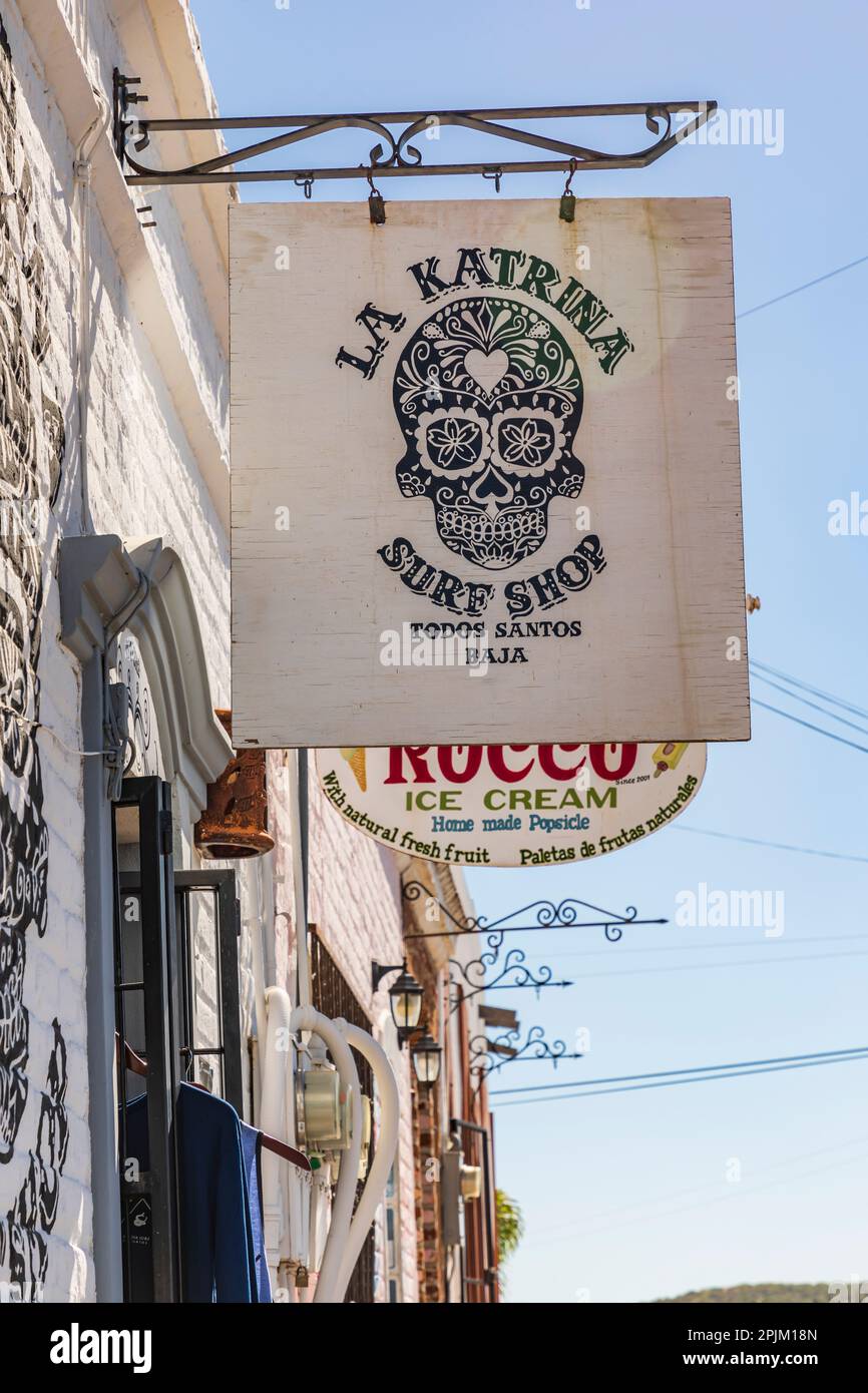 Todos Santos, Baja California Sur, Mexico. Decorated skull on a surf