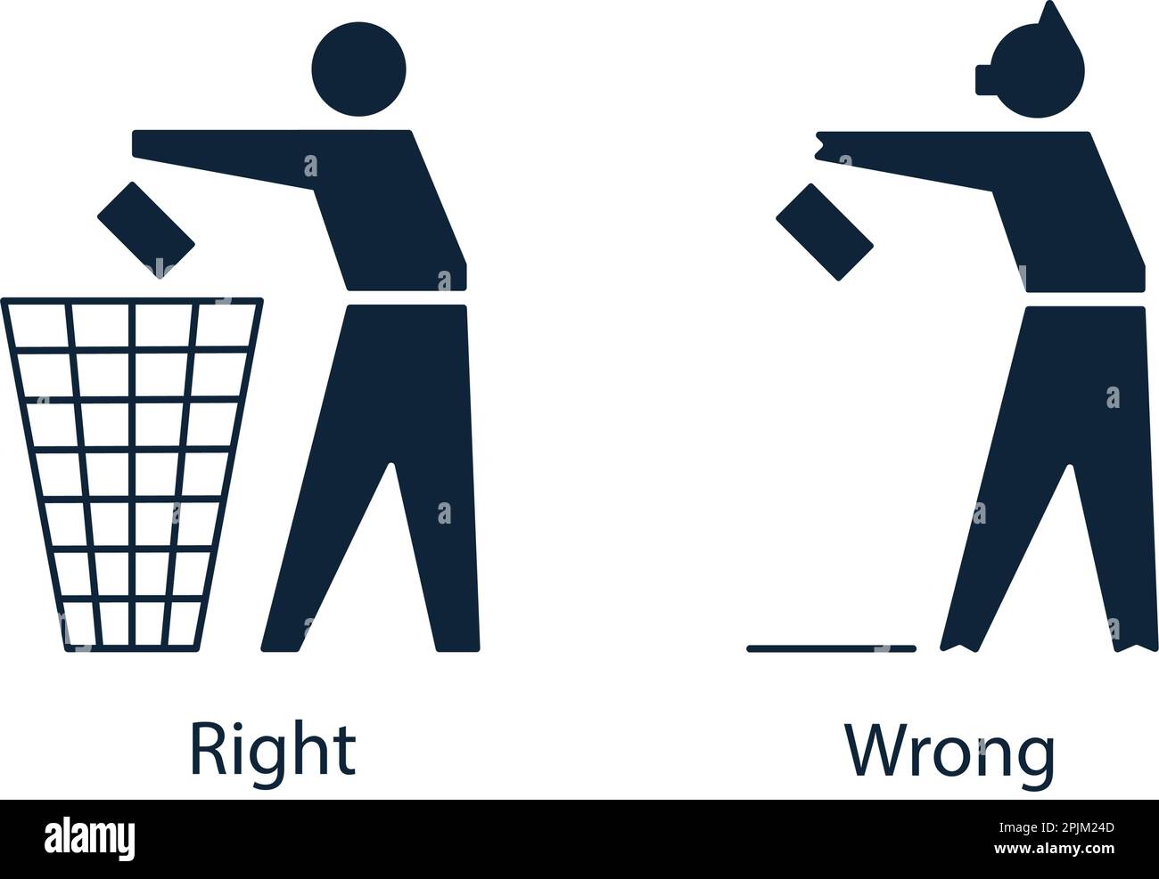 Icons with tidy man that throw away waste to the bin and pig that drop