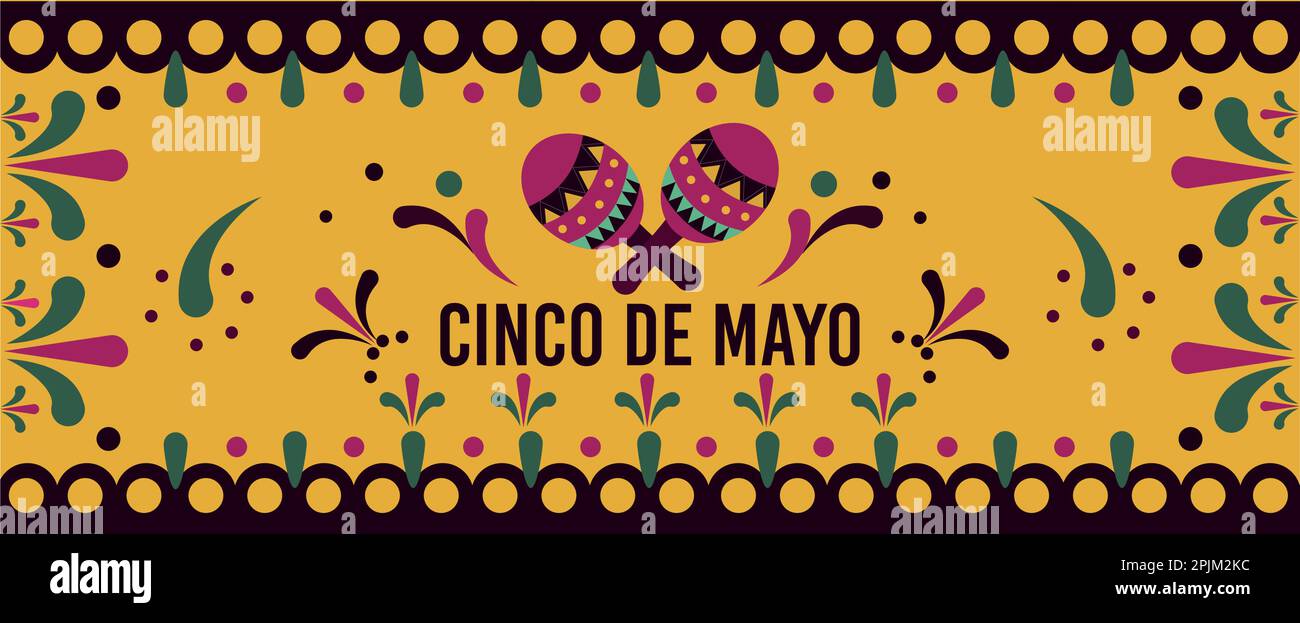 Cinco de Mayo banner template for mexico independence celebration with traditional papercut flags and other symbols of holiday. Lettering calligraphy Stock Vector