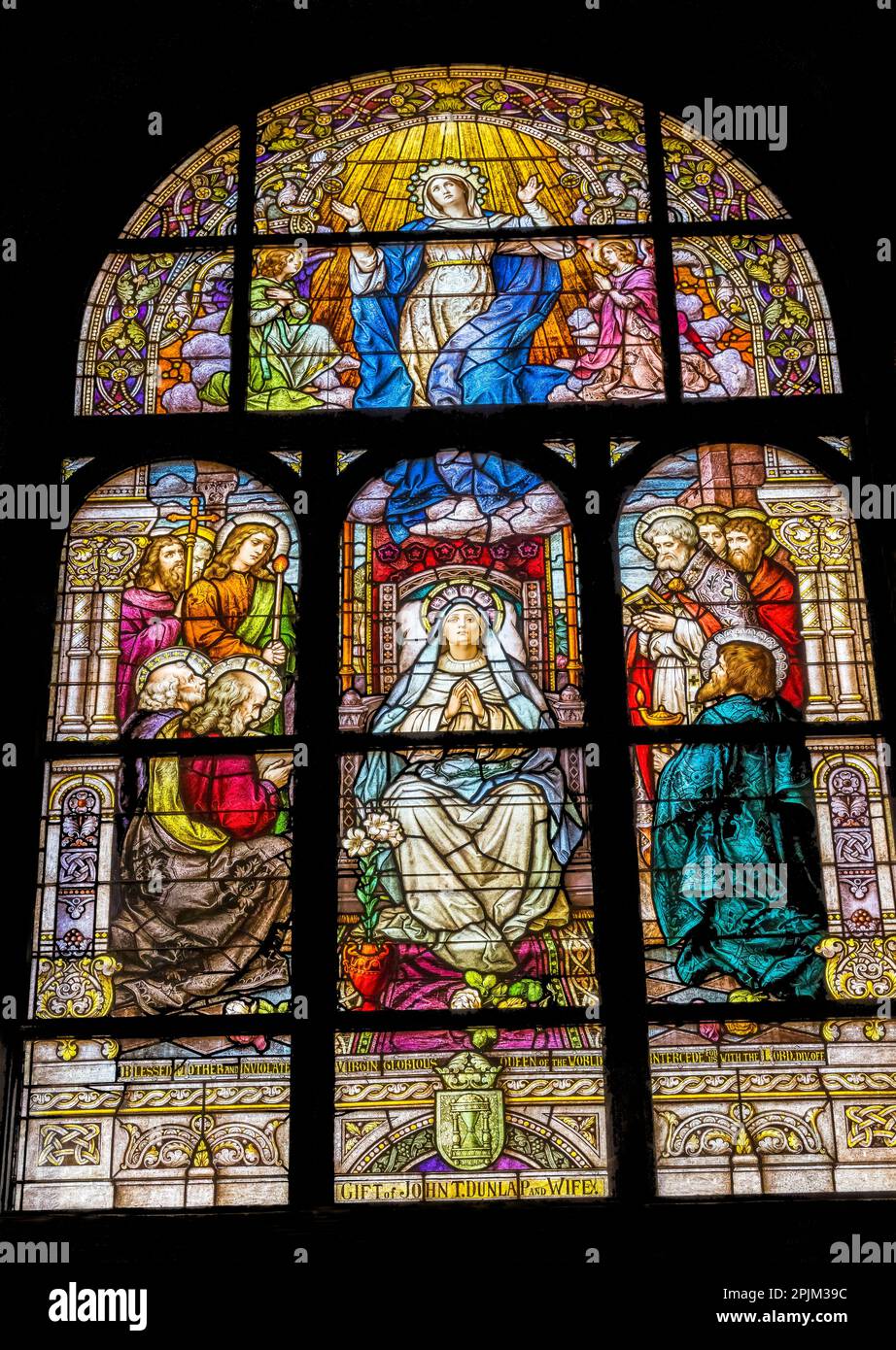 Stained glass, Phoenix, Arizona. Mary bodily raised into heaven