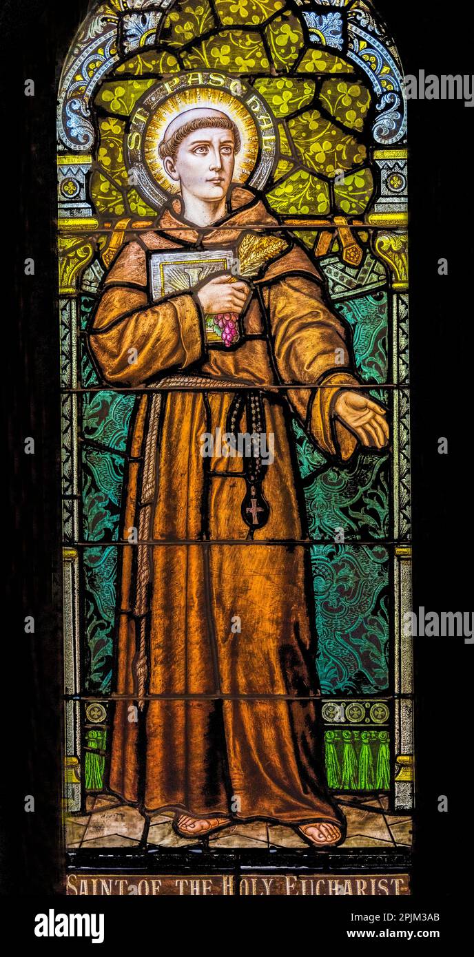 Spanish Saint Paschal stained glass, Phoenix, Arizona. Stock Photo