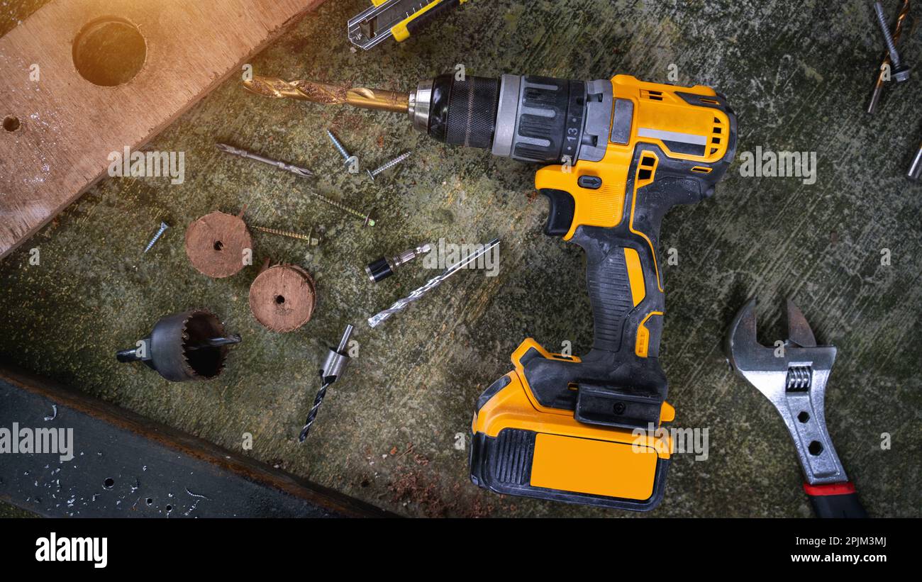 Cordless Power Drill with Bits and tools Stock Photo Alamy