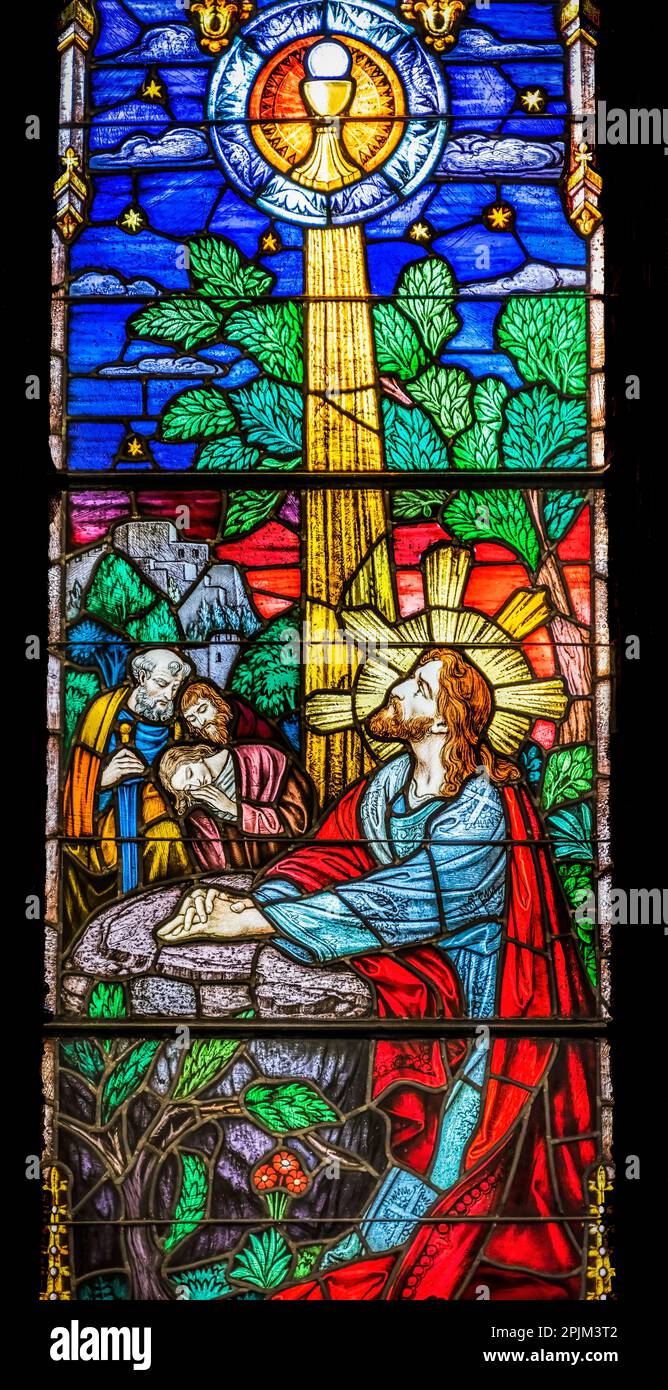 Jesus Christ Praying stained glass, Trinity Parish Church, Saint Augustine, Florida. Stained glass from mid-1800's Stock Photo