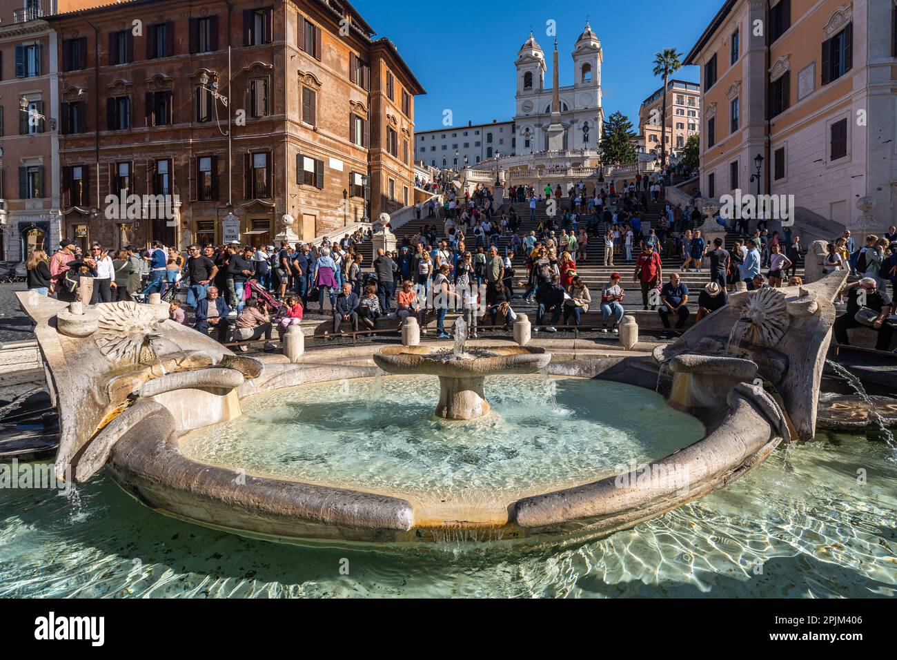 Rome, Italy, Nov. 2022. Fontana della Barcaccia at Piazza di Spagna, one of the most famous and vibrant squares of Rome Stock Photo