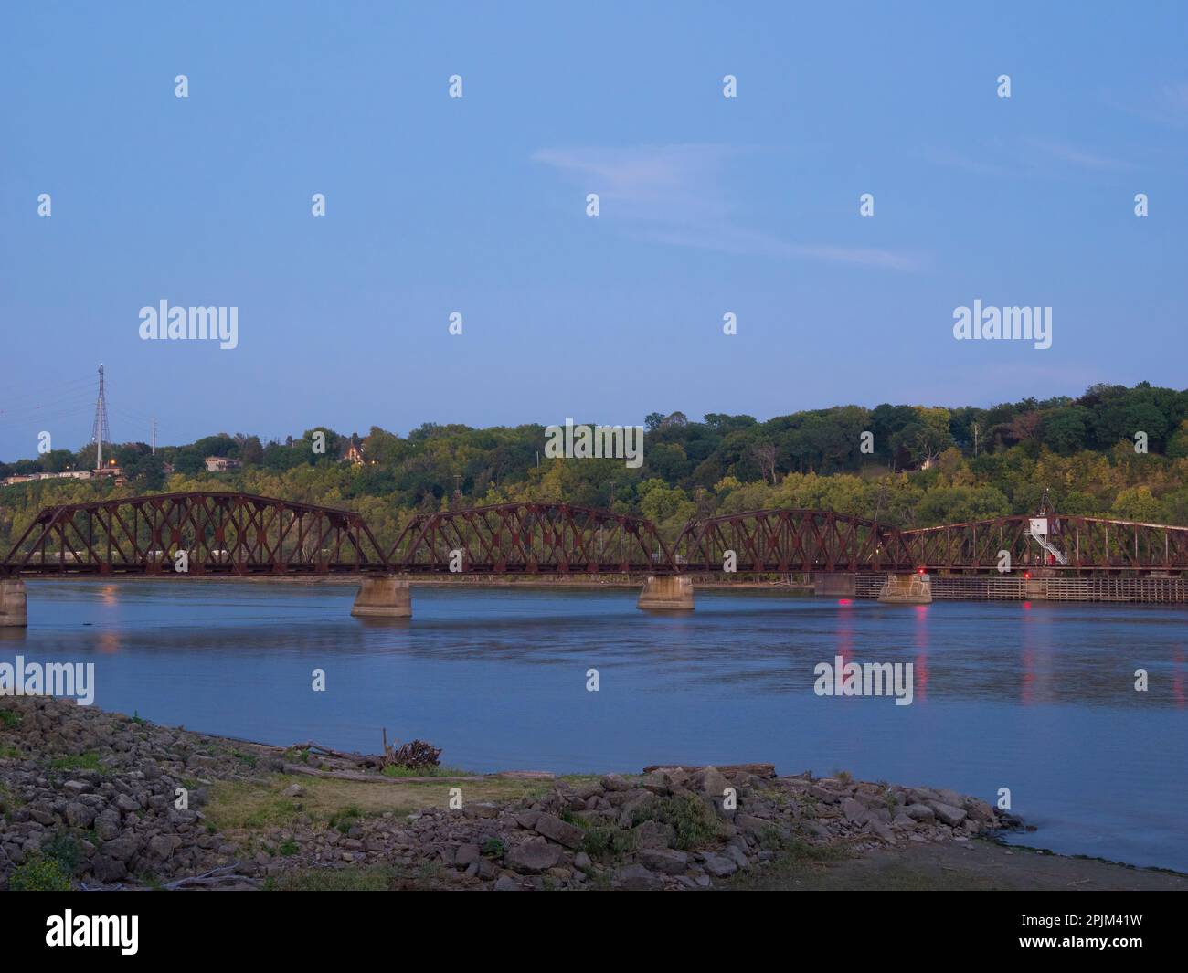 Iowa, Dubuque. Railroad bridge across the Mississippi River Stock Photo