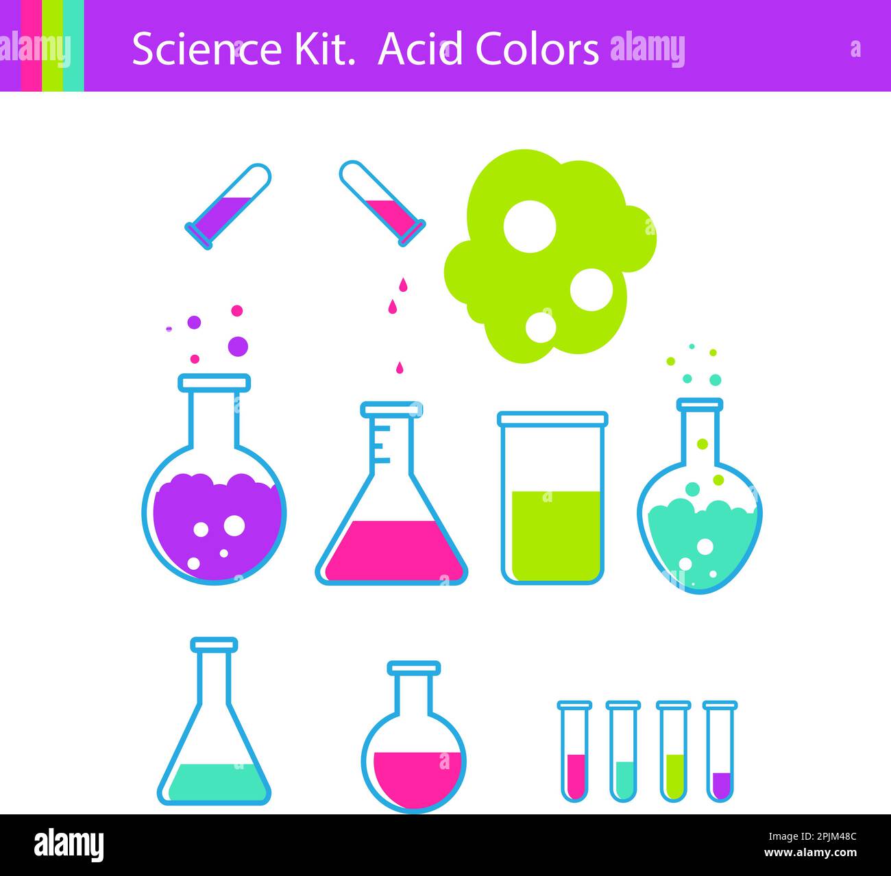 Science kit with acid colors flask, glass, drop, explosion. Science