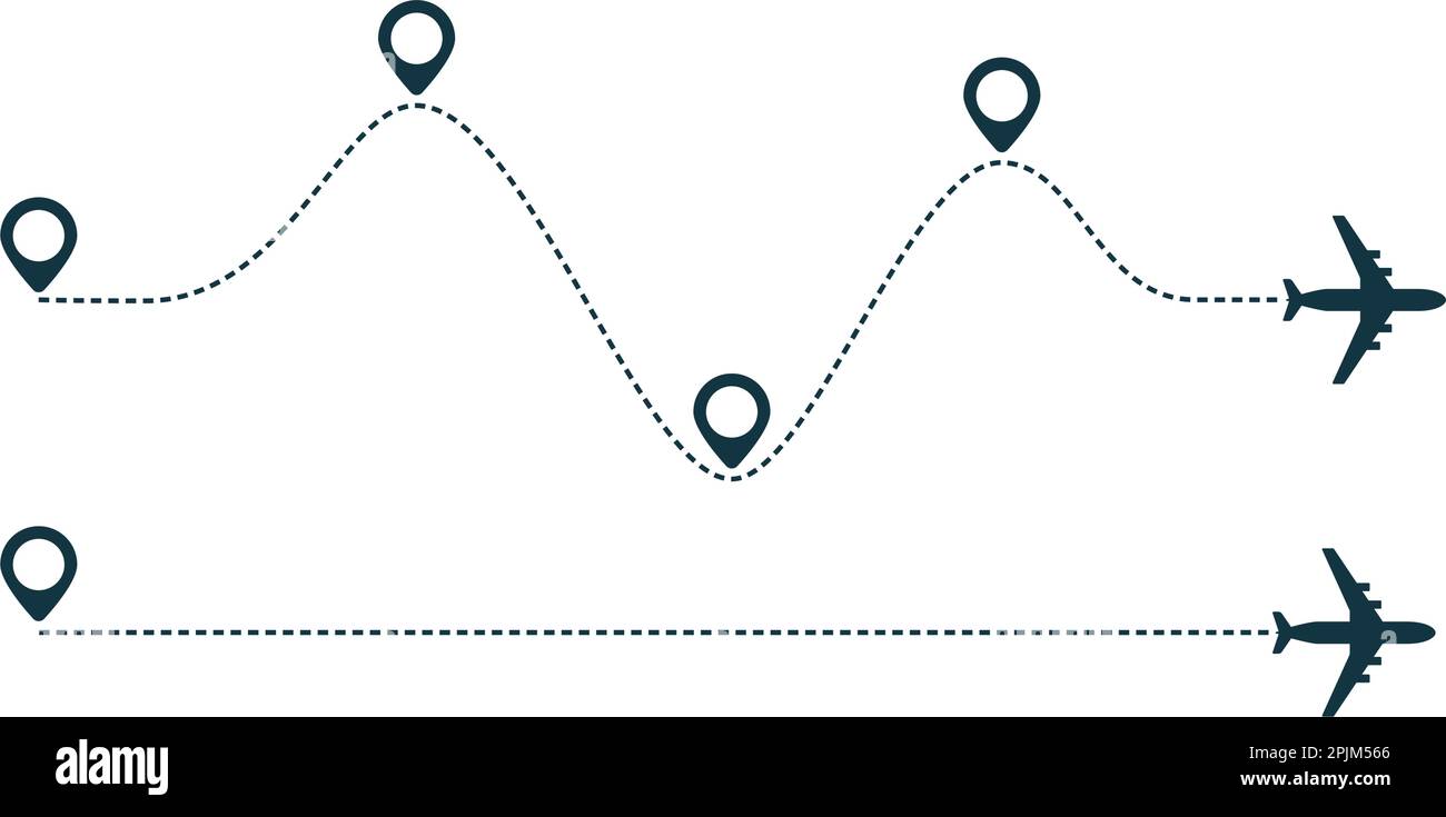 Airplane silhouette icon with dotted line path. Plane flight with ...