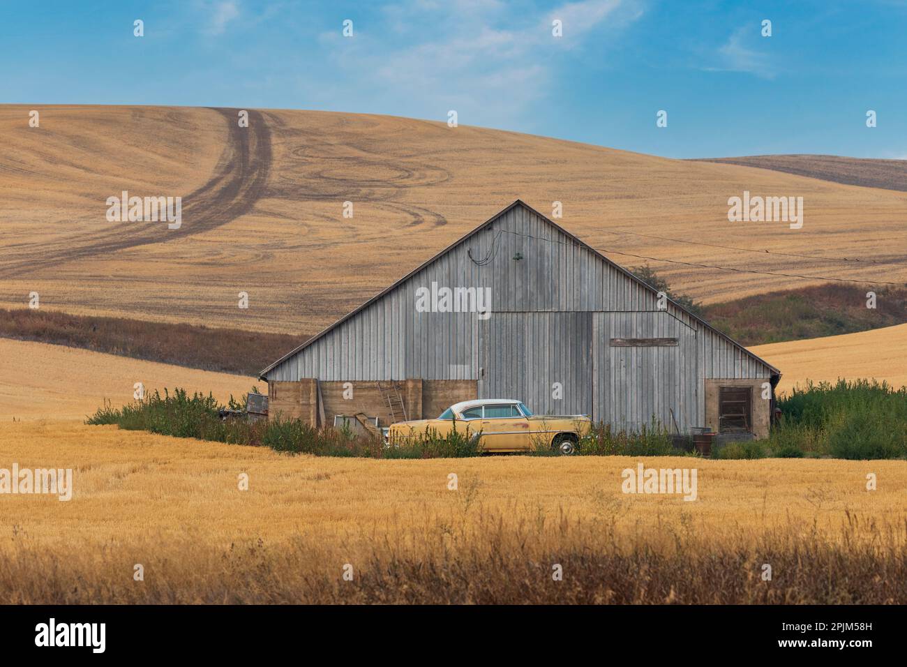 USA, Washington State, Whitman County, Palouse. Old barn with car on