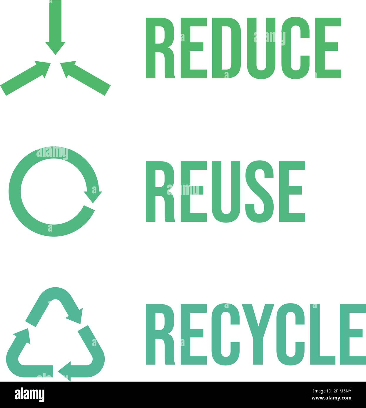 Reduce, reuse, recycle symbols, icons. Green recycling symbols with arrows, mobius loop. Reuse, recycle, reduce principle signs. Flat vector illustrat Stock Vector