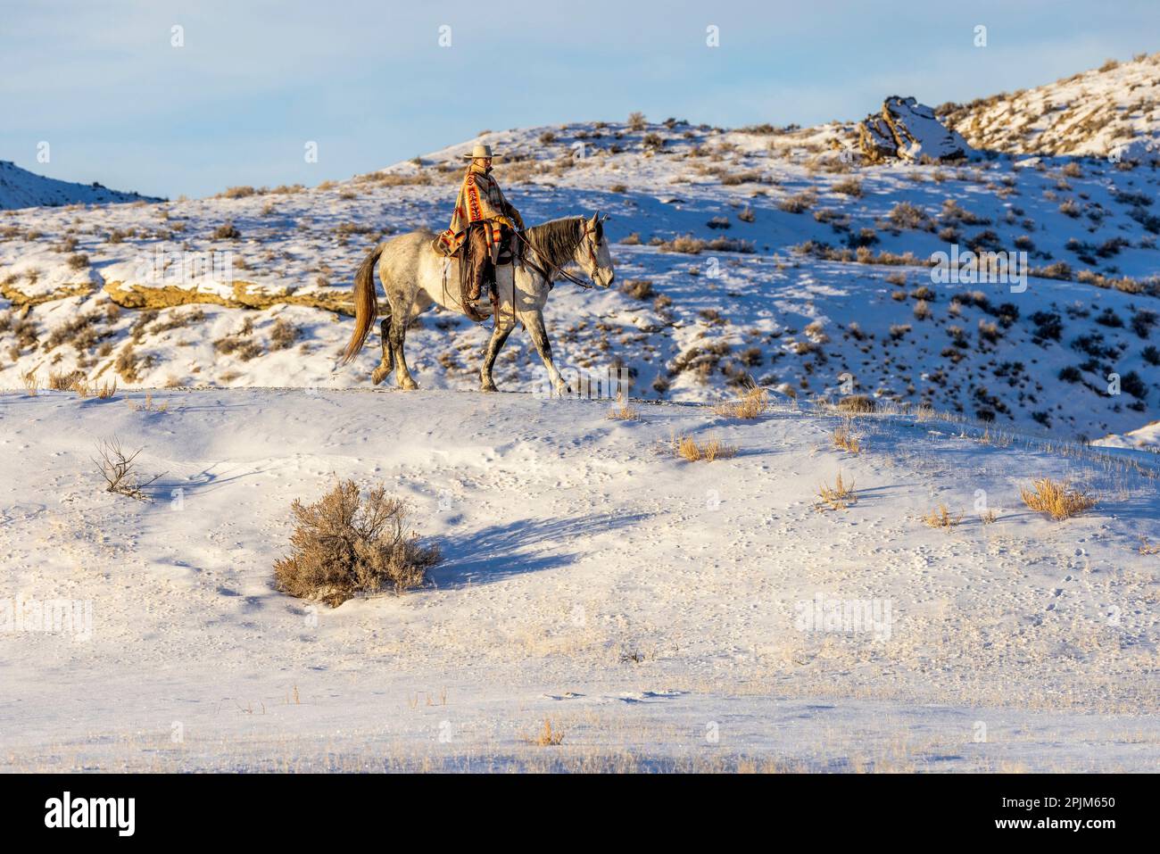 USA, Wyoming. Hideout Horse Ranch, wrangler and horse in snow. (MR,PR) Stock Photo