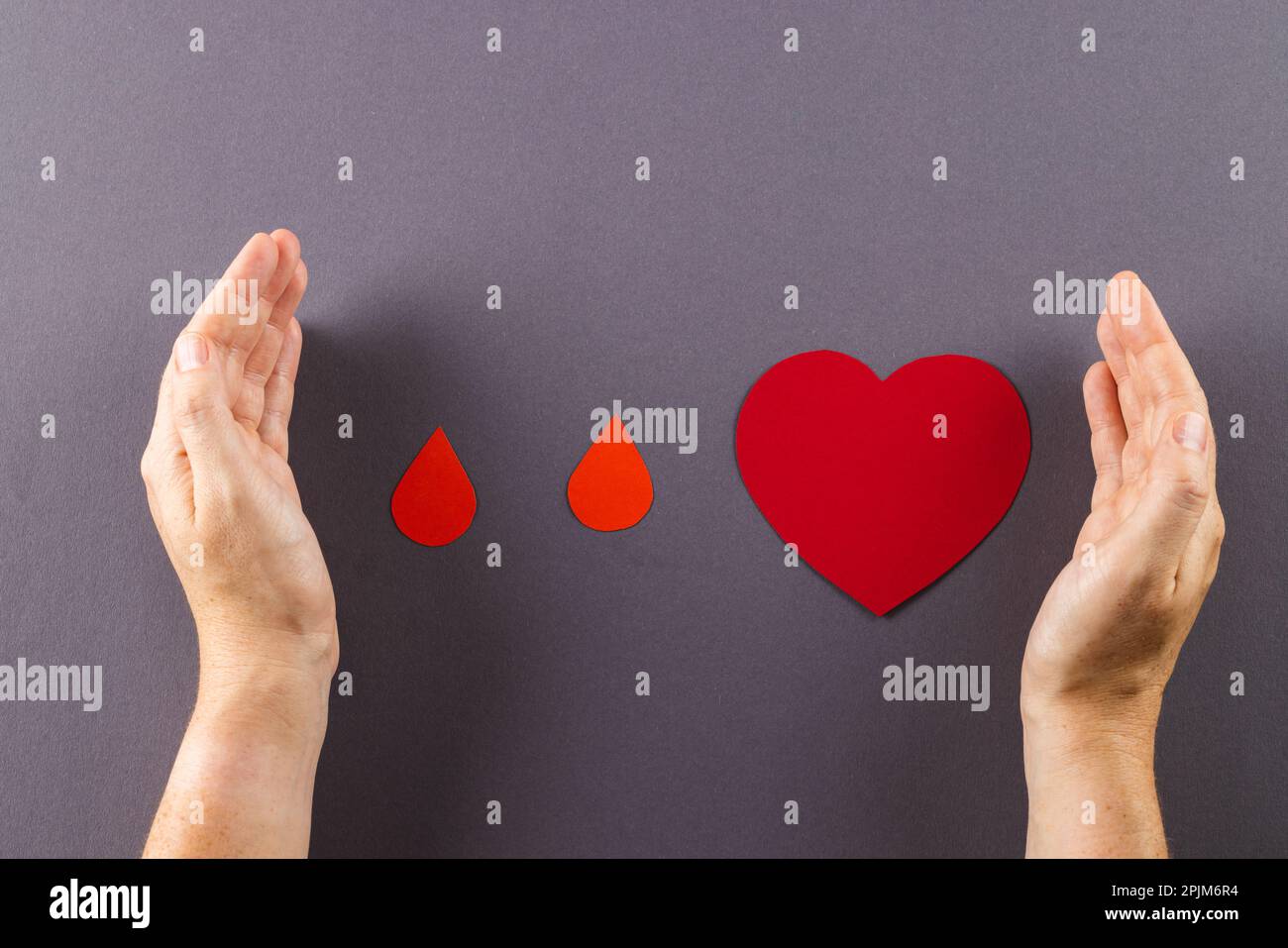 Hands of caucasian woman protecting blood drops and heart, on grey background Stock Photo