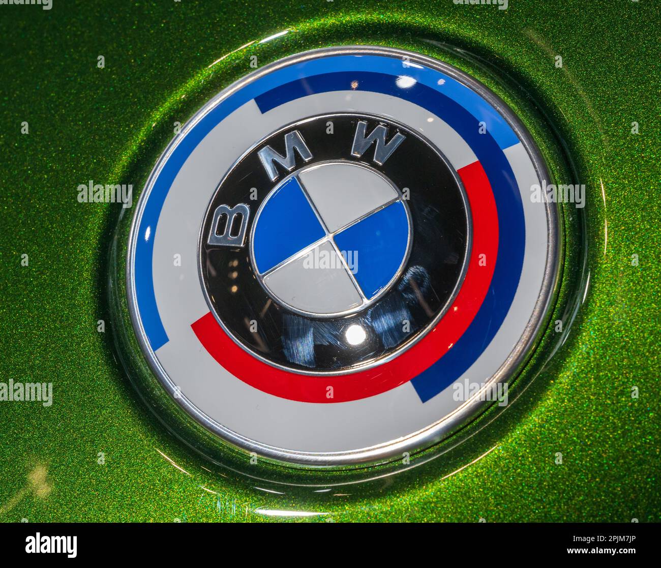 Munich, Germany. 03rd Apr, 2023. The BMW logo is attached to the hood of a  vehicle of the brand in the BMW World. Credit: Peter Kneffel/dpa/Alamy Live  News Stock Photo - Alamy