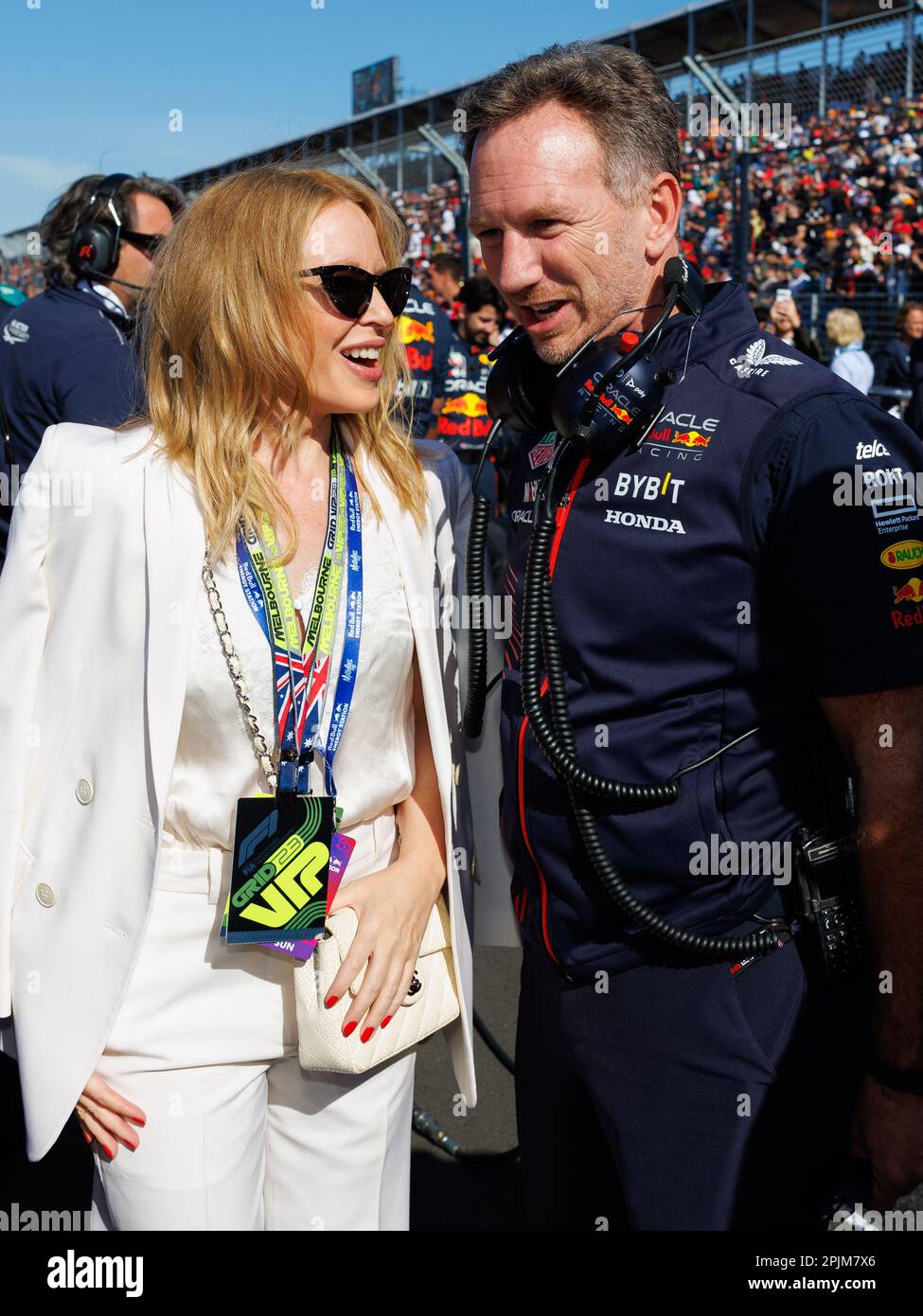 Albert Park, 2 April 2023 Kylie Minogue talks with Christian Horner