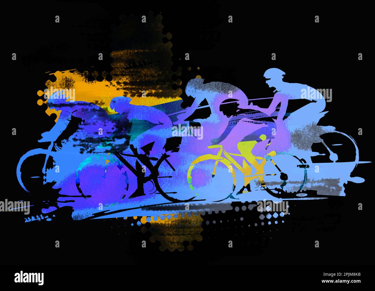 Cycling race, green silhouettes. Expressive stylized drawing of a group