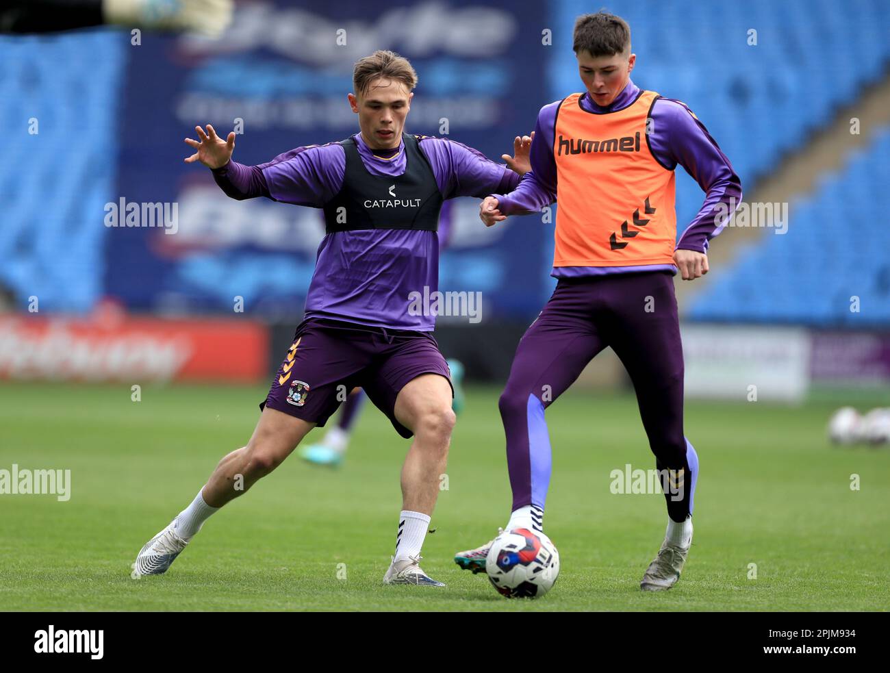 Coventry City's Callum Doyle battles for the ball with Ryan Howley during training at Coventry Building Society Arena, Coventry. Picture date: Monday April 3, 2023. Stock Photo