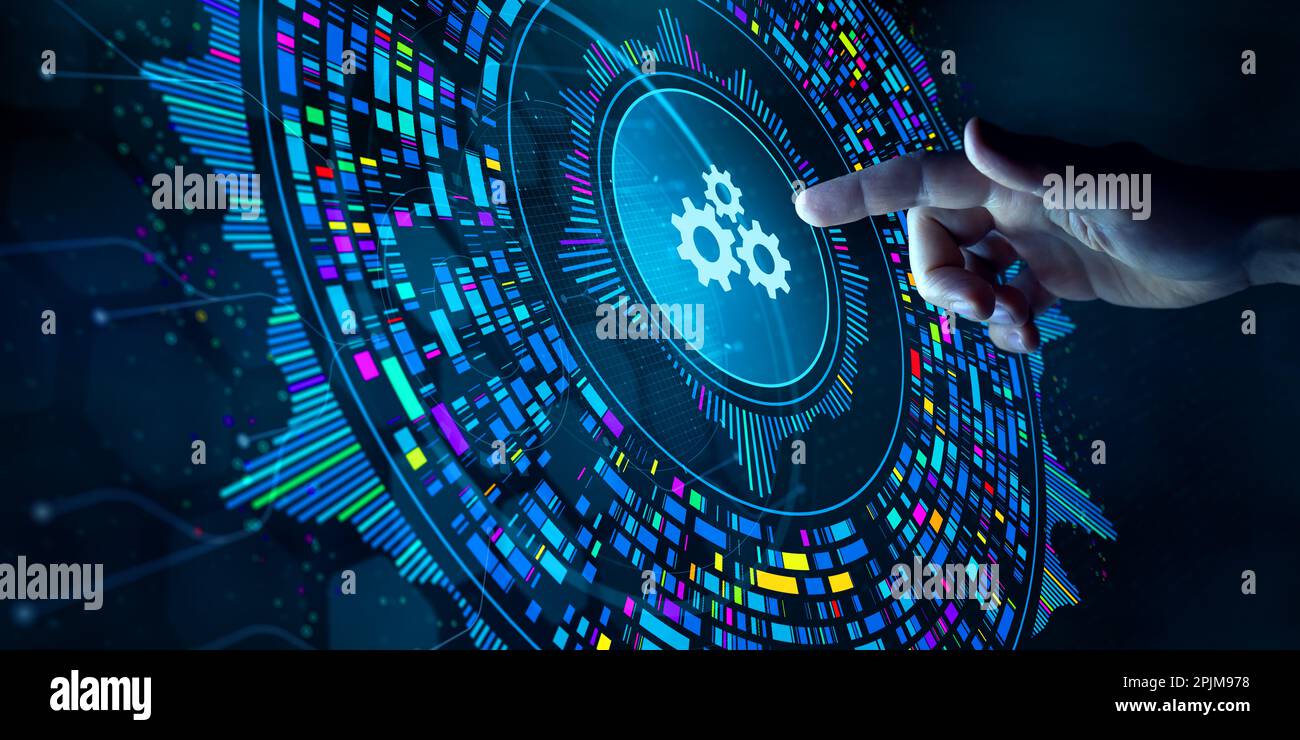 Big data technology and data science. Data scientist analysing and visualizing complex data set on virtual screen. Computing, genomics, artificial int Stock Photo