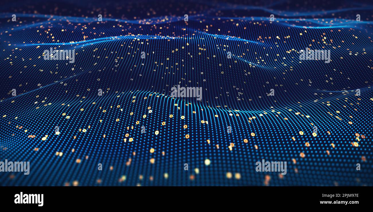 Data technology background with dots and binary code on 3D wave landscape. Big data and science, computing, digital processing and storage, virtual re Stock Photo