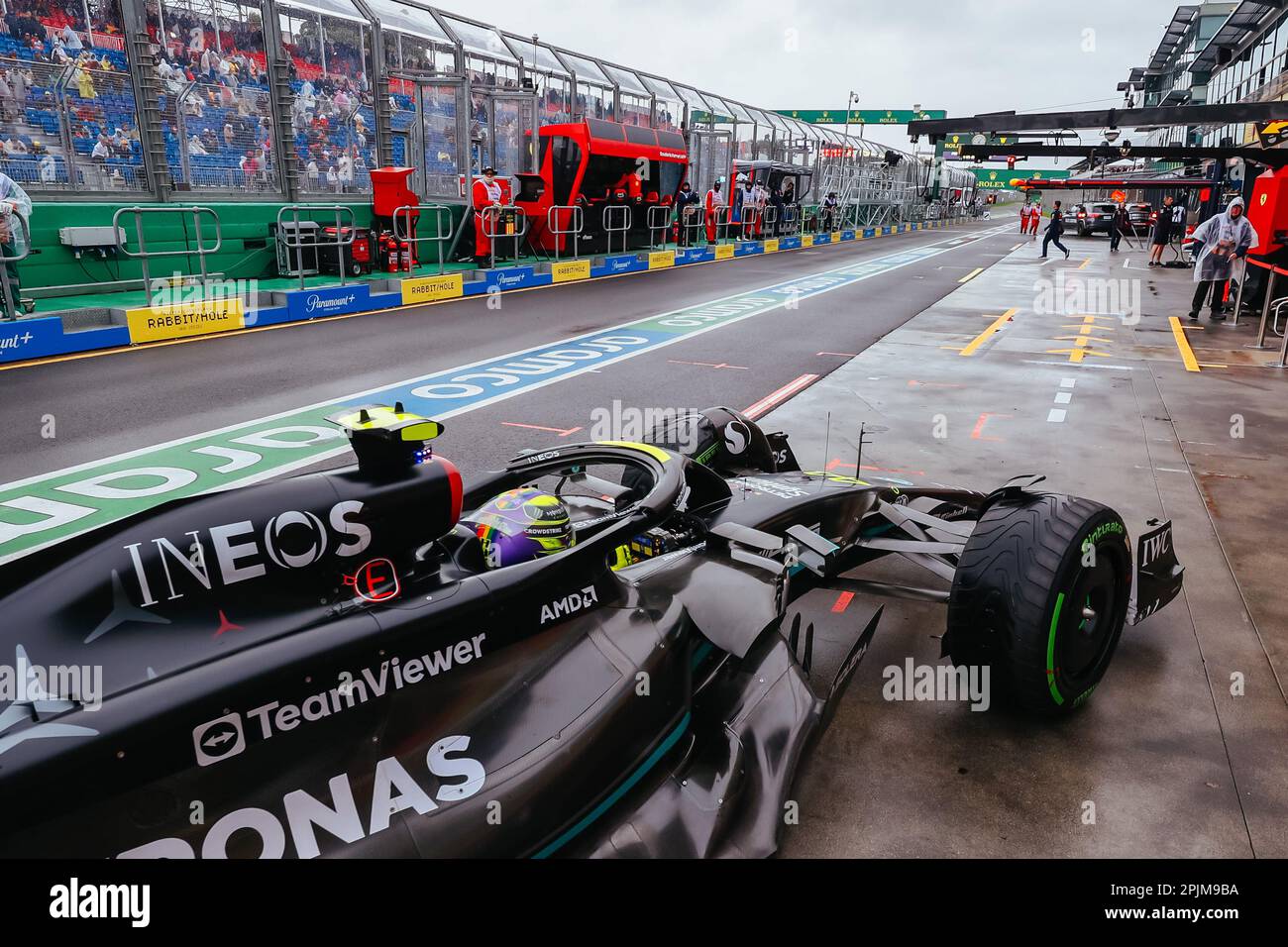 MELBOURNE, AUSTRALIA - MARCH 31: Lewis Hamilton of Great Britain drives the Mercedes AMG Petronas F1 Team W13 during practice in the 2023 Australian G Stock Photo