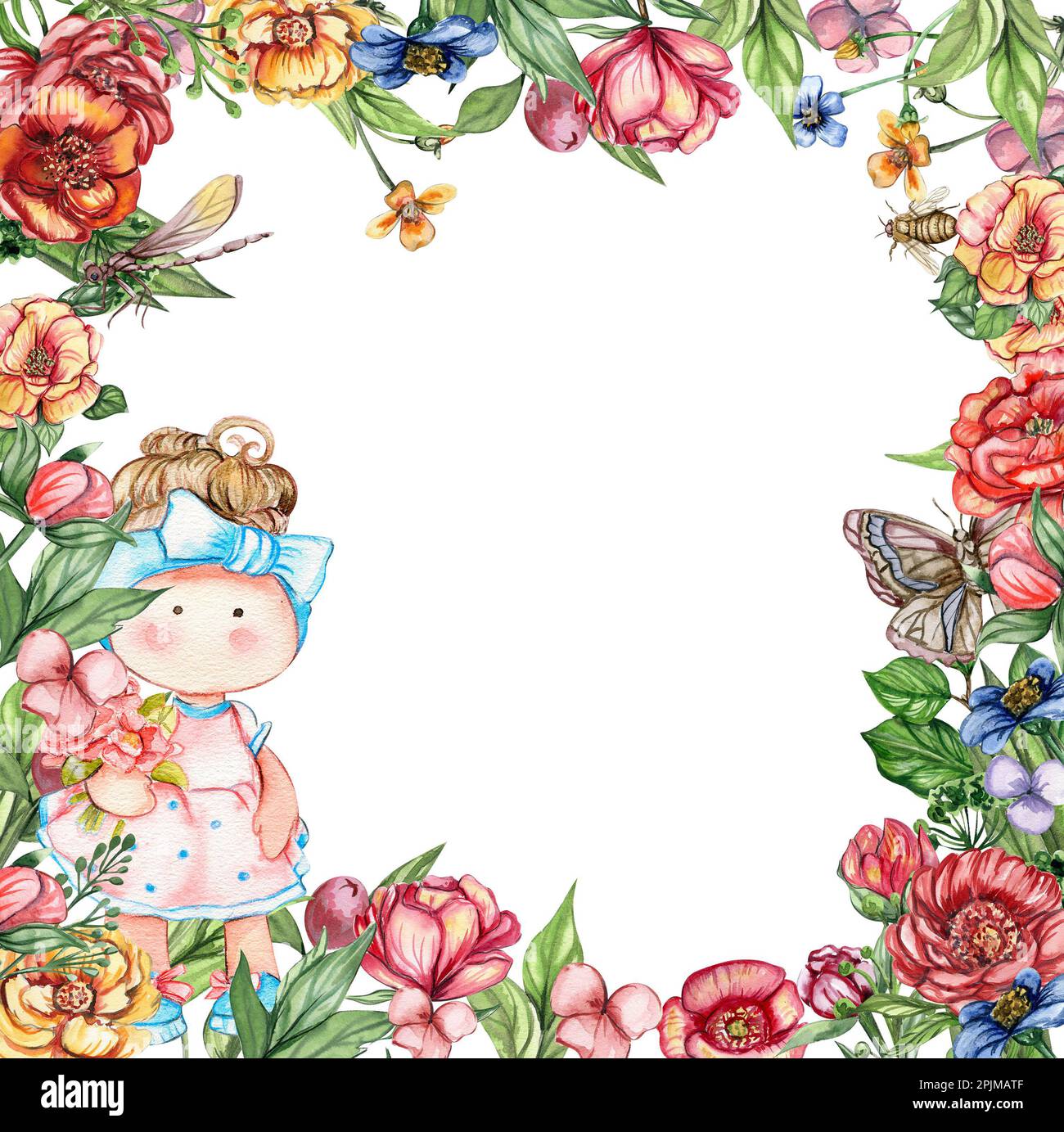 Watercolor square flower frame in cartoon style with a cute girl doll in a  dress. Cartoon hand drawn background with flower princess and yellow flower  Stock Photo - Alamy