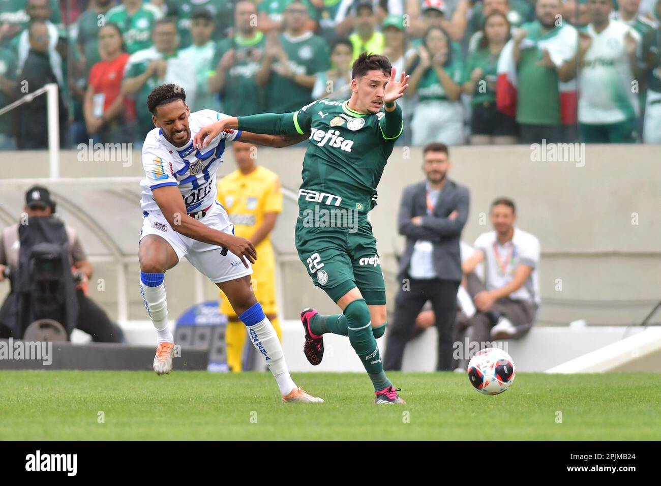 Piquerez of Palmeiras drives the ball the ball during a match