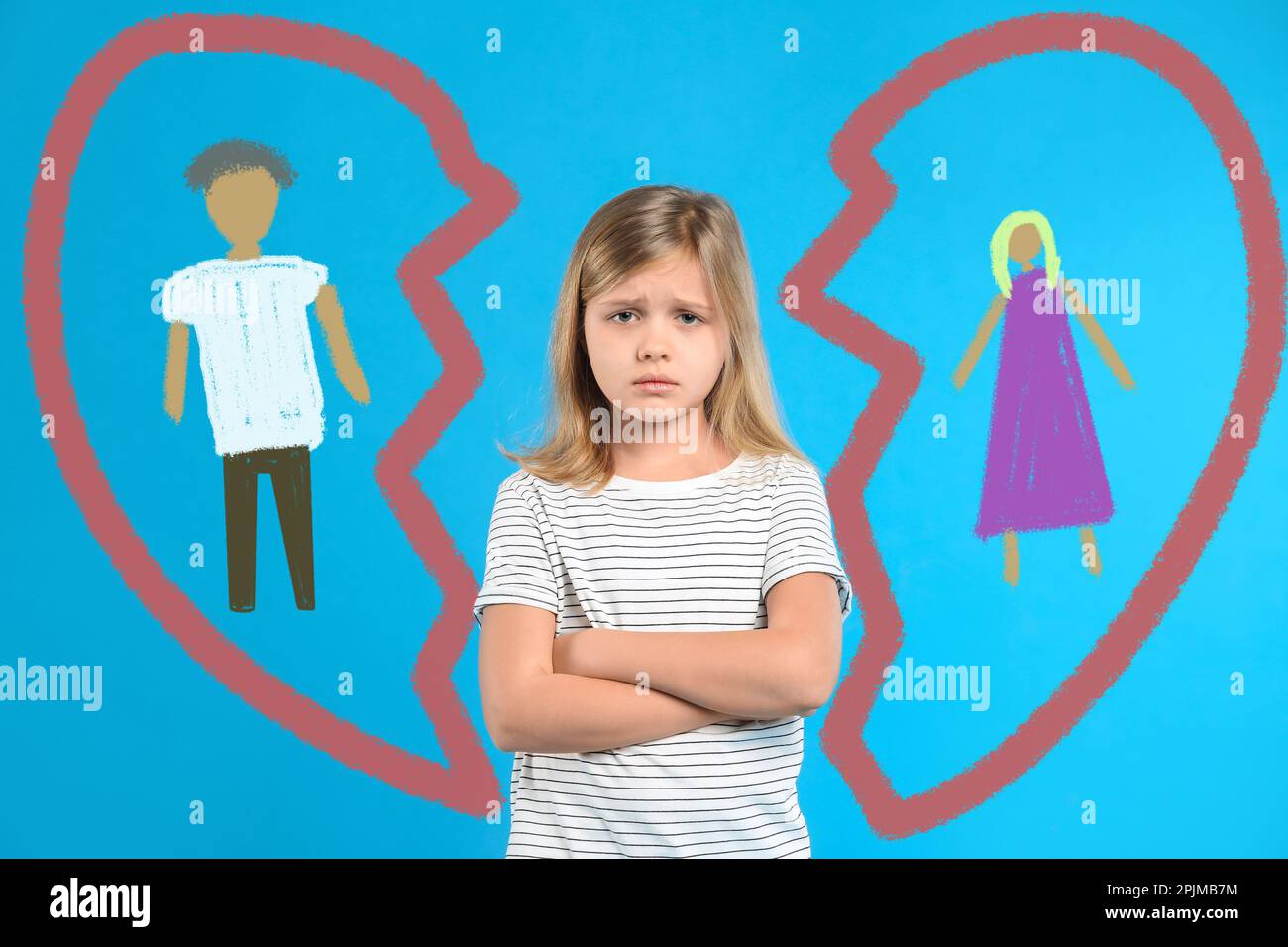 LIttle girl upset because of parents divorce on light blue background. Illustration of broken heart with man and woman Stock Photo