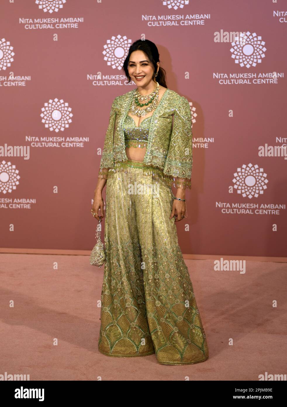 Indian actress Madhuri Dixit poses for a photo shoot on the red carpet during the second day of the opening of Nita Mukesh Ambani Cultural Centre in Mumbai, India, 01 April, 2023. (Photo by Indranil Aditya/NurPhoto) Credit: NurPhoto SRL/Alamy Live News Stock Photo