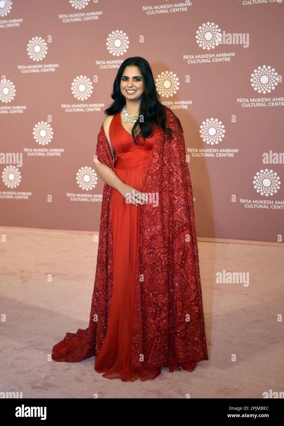 Indian billionaire businessman Mukesh Ambani's daughter Isha Ambani poses for a photo shoot on the red carpet during the second day of the opening of Nita Mukesh Ambani Cultural Centre in Mumbai, India, 01 April, 2023. (Photo by Indranil Aditya/NurPhoto)0 Credit: NurPhoto SRL/Alamy Live News Stock Photo